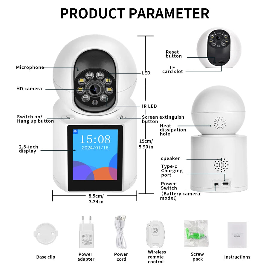 3MP Wireless Security Protection WIFI Video Call Camera Baby Monitor SOS 2.8 Inch Screen Button Call PTZ Auto Tracking ICSEE