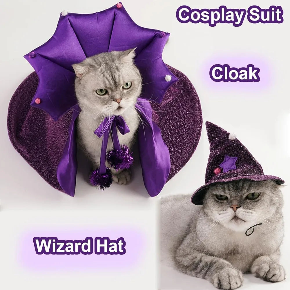 ABLAZEZAI Pet Halloween Costumes, Cat Vampire Cloak with Hat, Dog Cosplay Wizard Hat Cape Suit, Halloween Party Clothes Outfit f