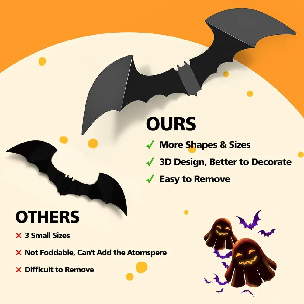 100pcs 3D PVC Bat Stickers: Scary Halloween Decor for Indoor/Outdoor DIY Walls, Windows, Doors