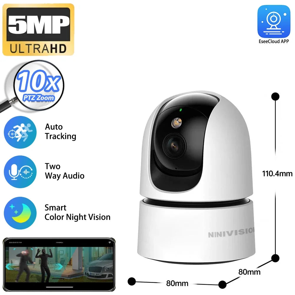 Indoor Auto Tracking Pet Detection Smart WIFI IP 5MP Camera 10X PTZ Zoom Color Night Vision PT Surveillance Cameras