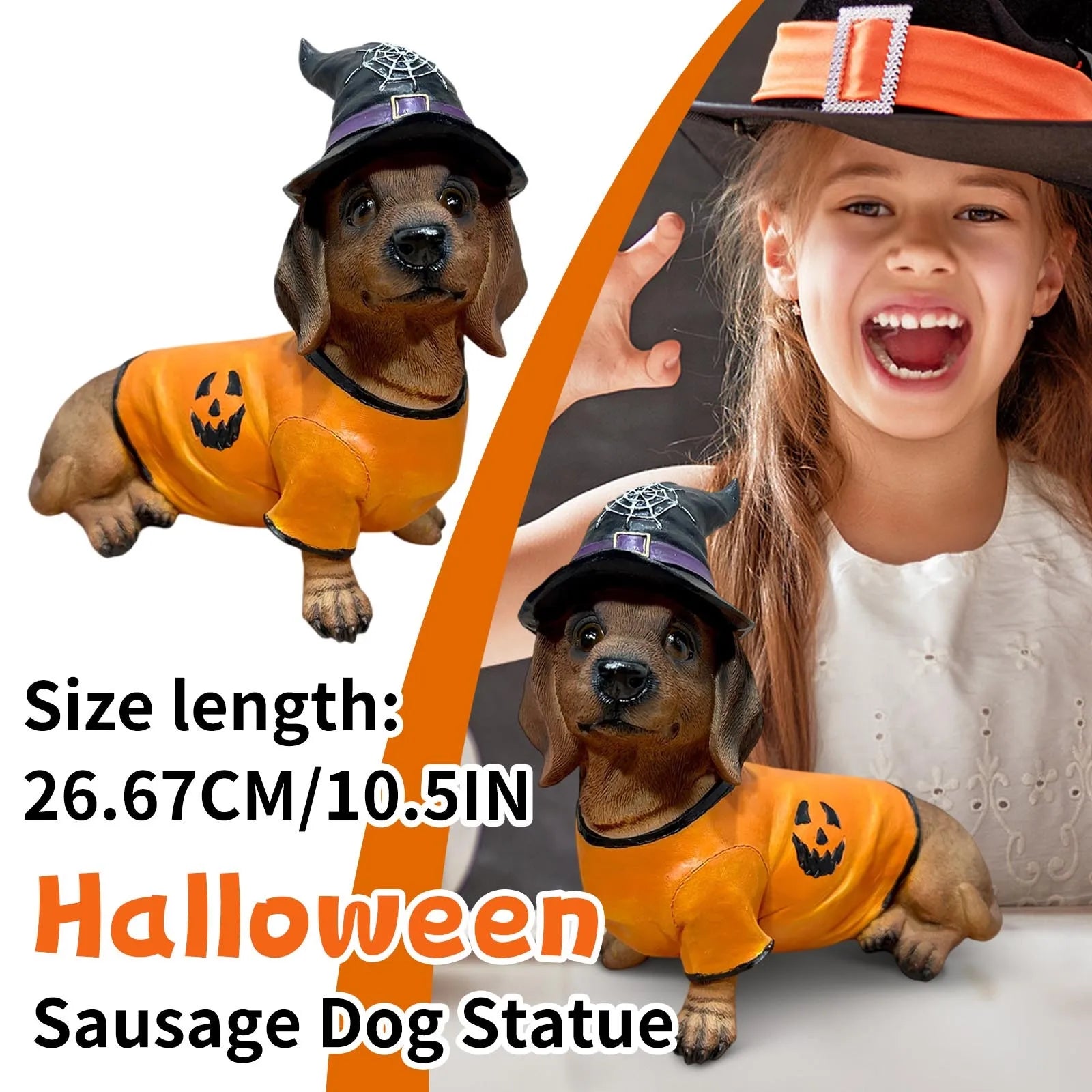 Halloween Dachshund Witch Hat Pumpkin Costume Dog Statue - Unique Resin Pet Decor for Spooky Gifts & Party Themes