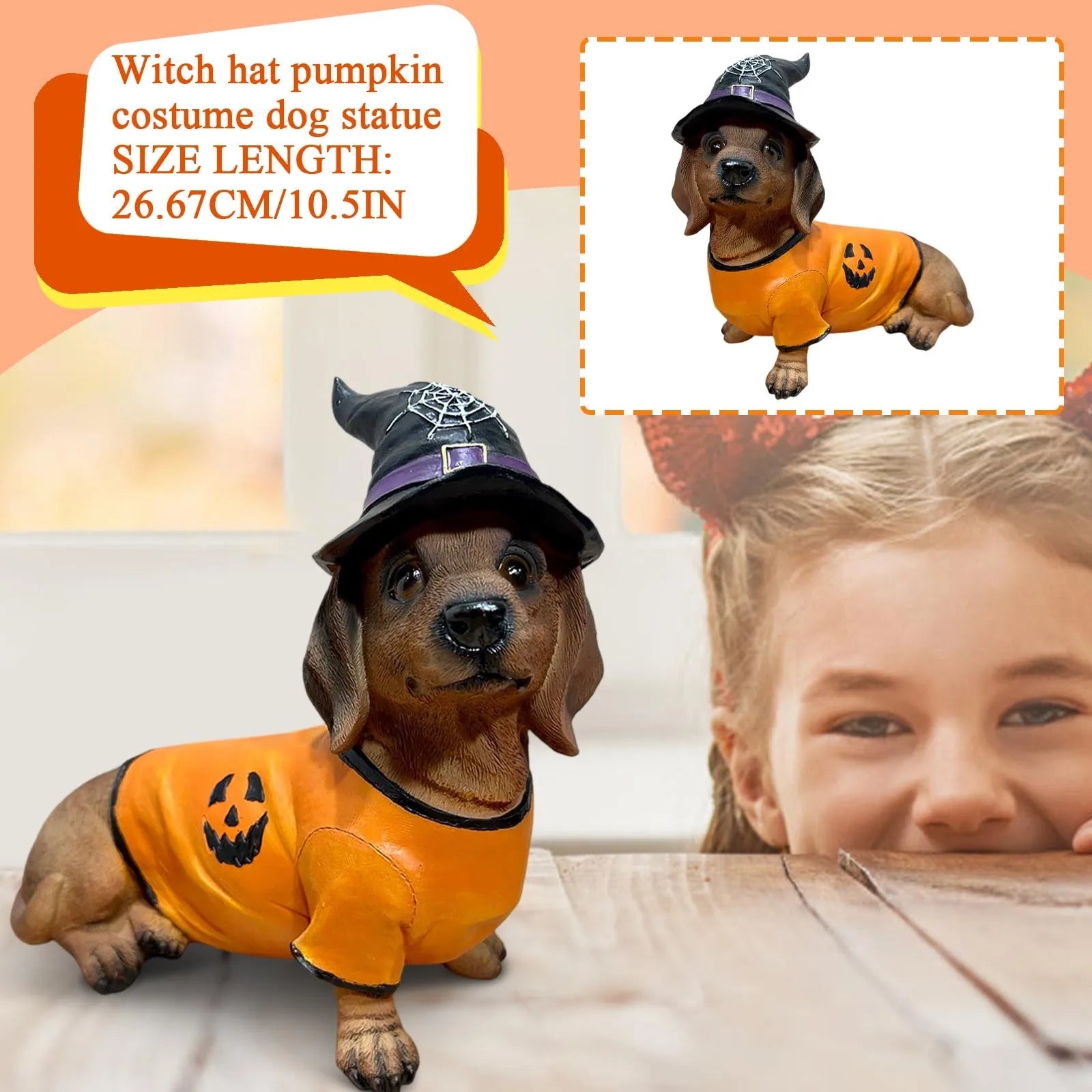 Halloween Dachshund Witch Hat Pumpkin Costume Dog Statue - Unique Resin Pet Decor for Spooky Gifts & Party Themes