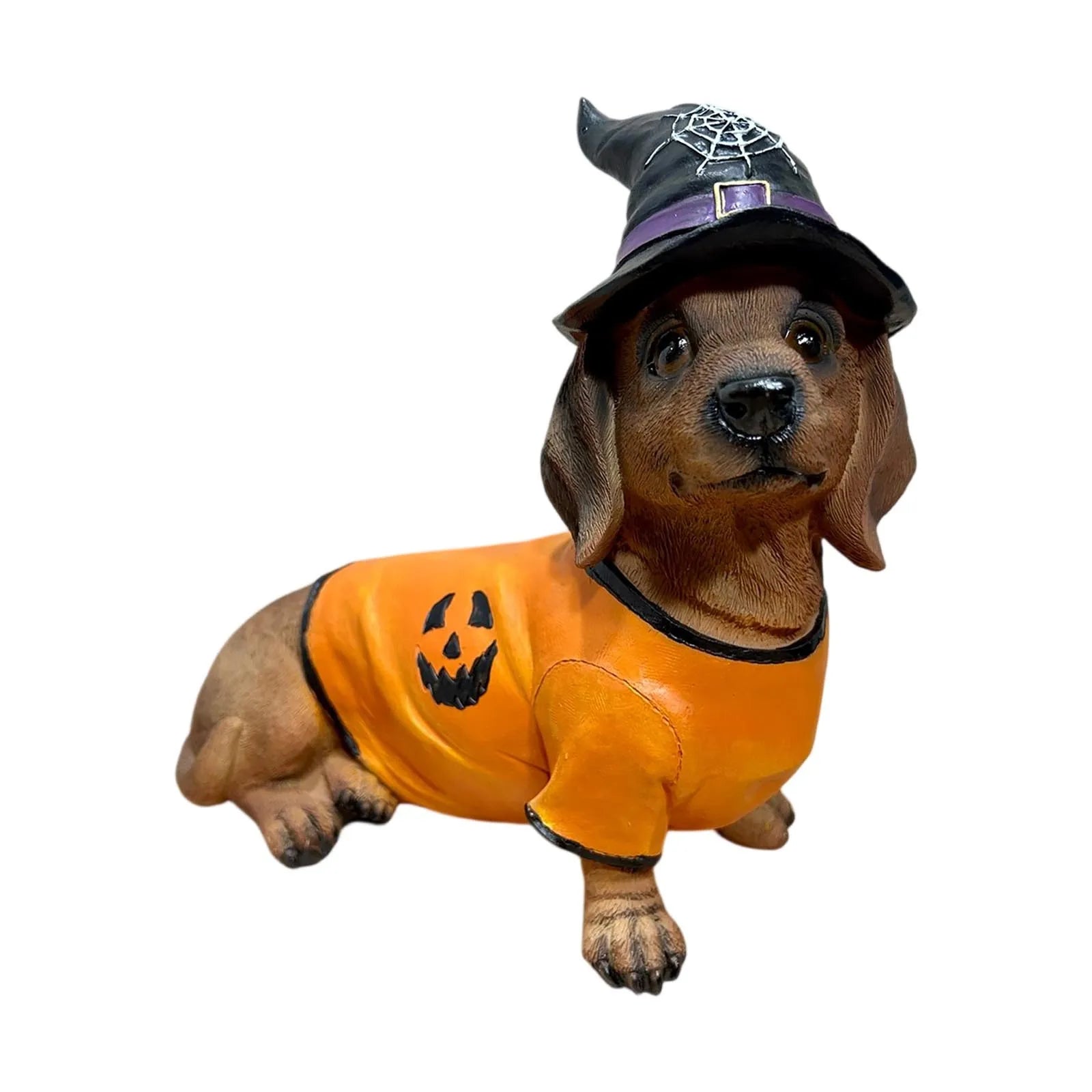Halloween Dachshund Witch Hat Pumpkin Costume Dog Statue - Unique Resin Pet Decor for Spooky Gifts & Party Themes