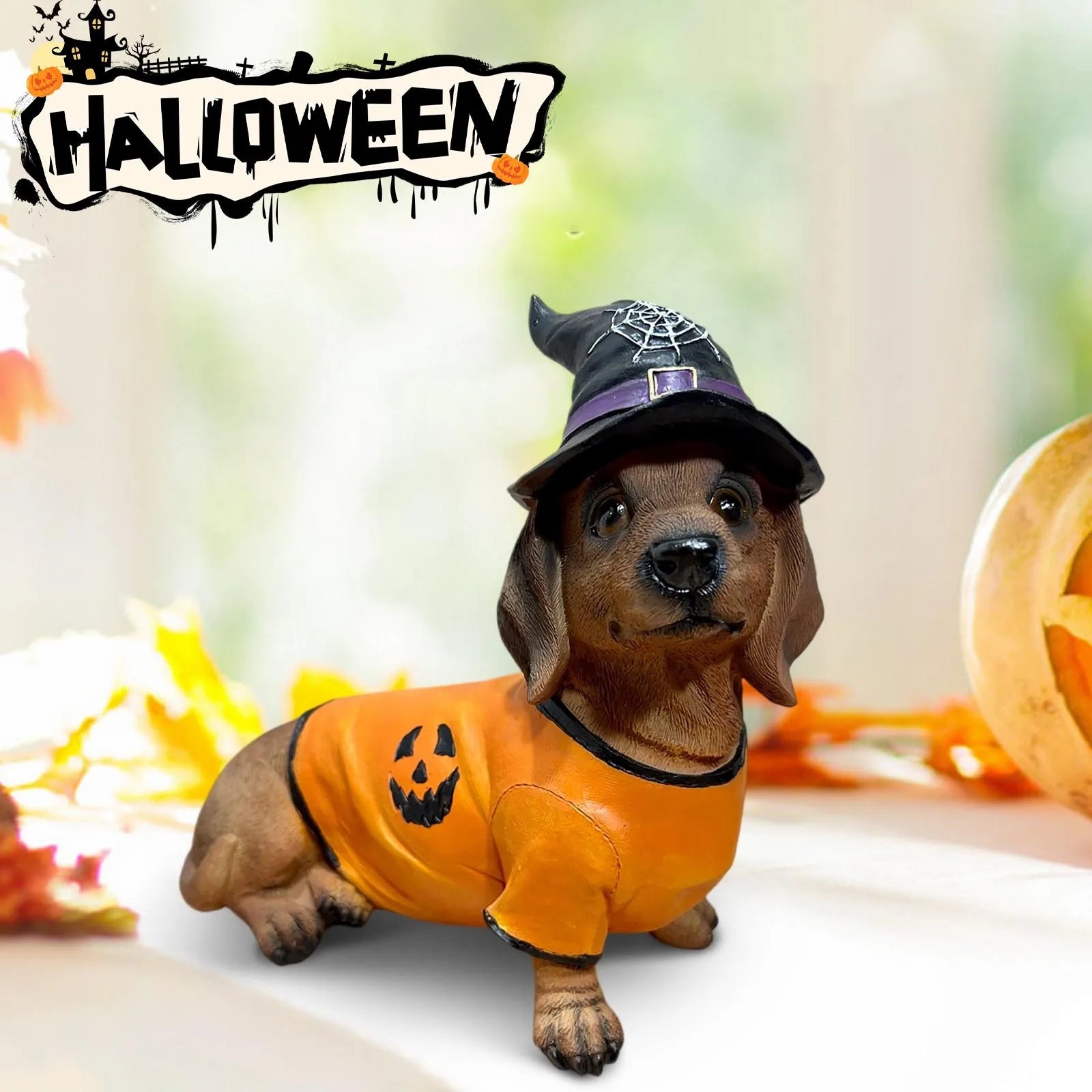 Halloween Dachshund Witch Hat Pumpkin Costume Dog Statue - Unique Resin Pet Decor for Spooky Gifts & Party Themes
