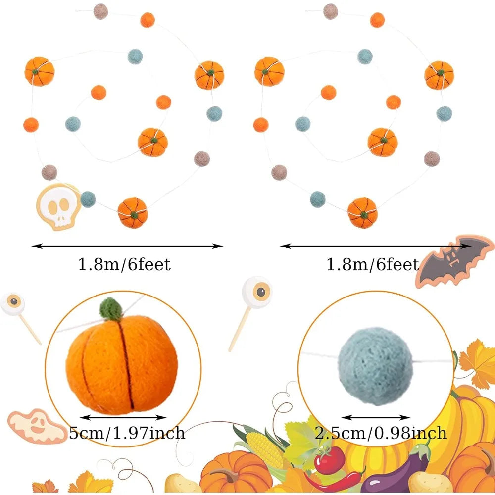 2 Pcs Fall Decor Fall Decoration for Home Hanging Felt Pumpkin Garland Autumn Thanksgiving Felt Pumpkin Ball Banner for Indoor