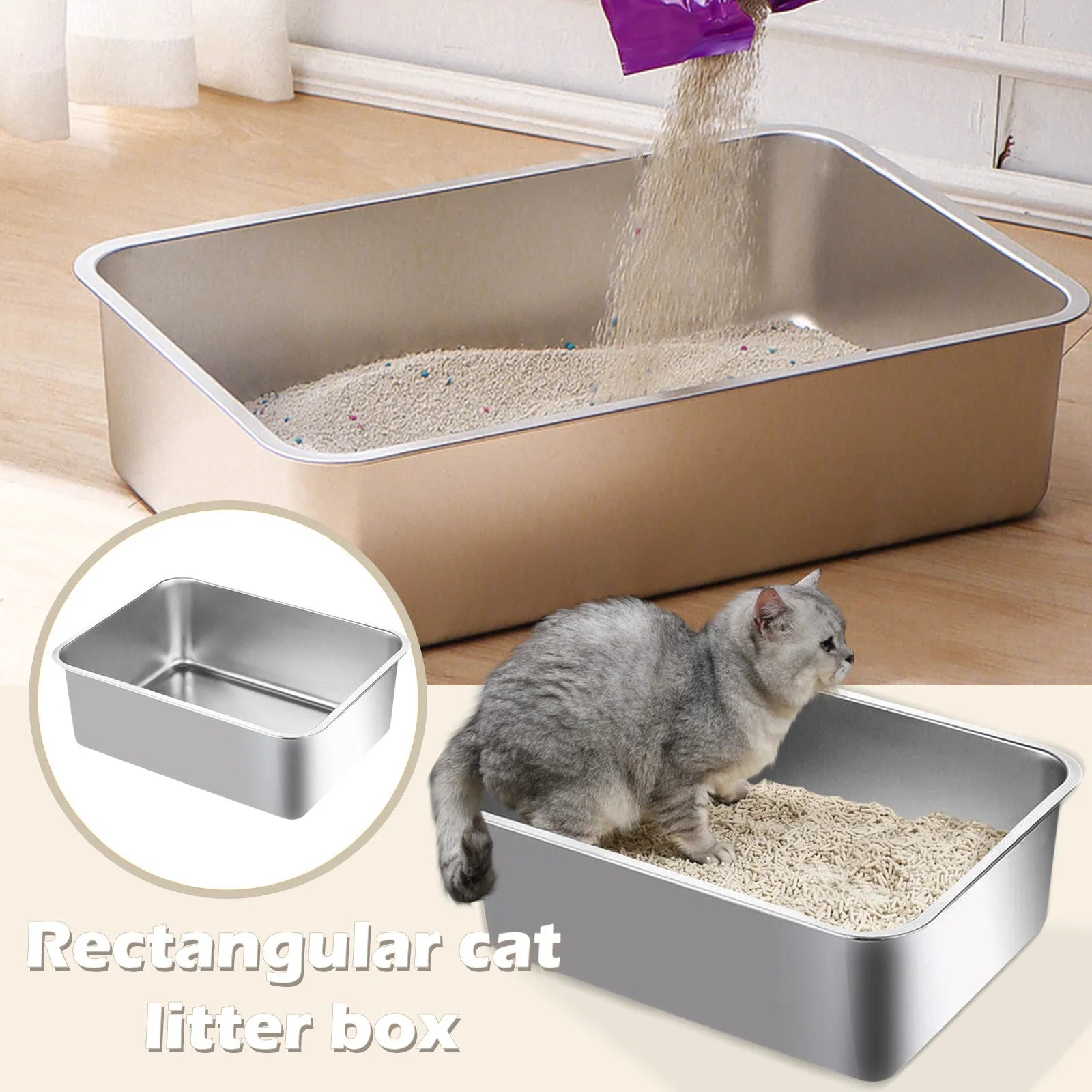 304 Stainless Steel Cat Litter Box Indoor Large Stainless Steel Litter Tray Metal High Sided Cat Pan Pet Cat Cleaning Supplies