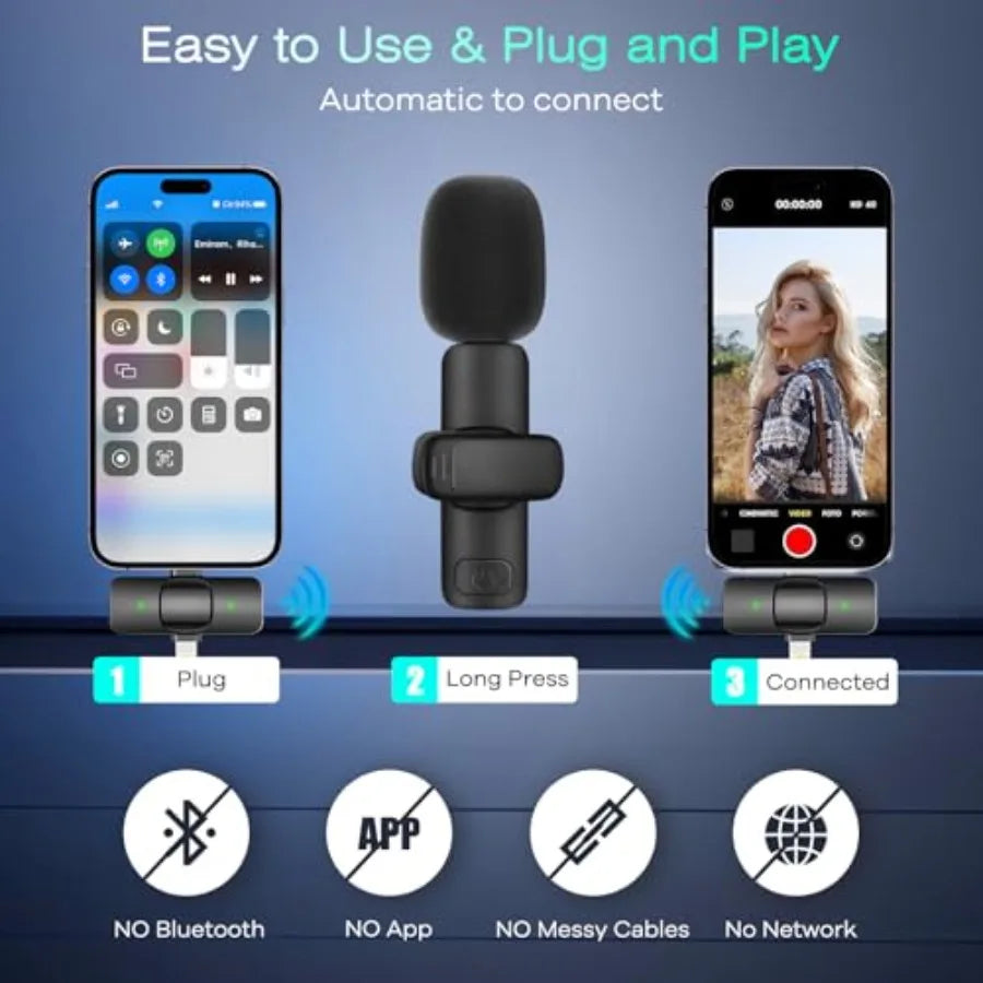 2 Pack Wireless Lavalier Microphone for iPhone iPad Android Phone Mini Lapel Microphone for Video Rrding Clip on Dual Mics with