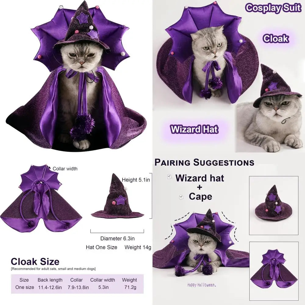 ABLAZEZAI Pet Halloween Costumes, Cat Vampire Cloak with Hat, Dog Cosplay Wizard Hat Cape Suit, Halloween Party Clothes Outfit f