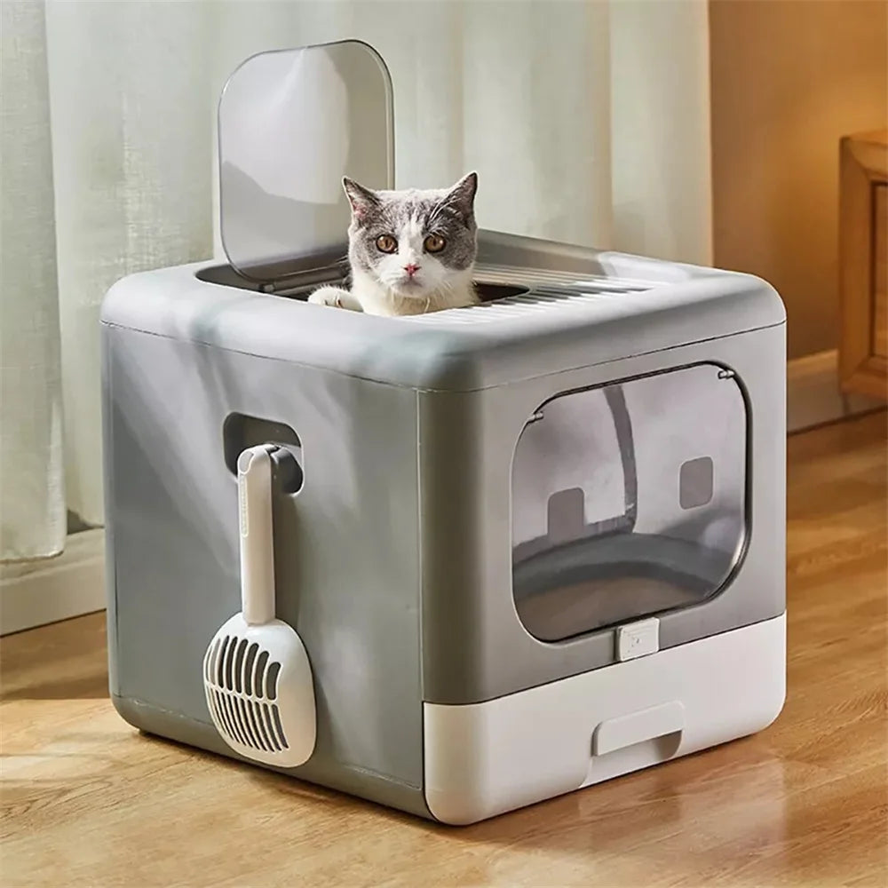 Cat Litter Box Tray Foldable Top Entry Large Cat Toilet Drawer Type with Lid Hooded Pet Kitten Litter Tray Leak-Proof with Scoop