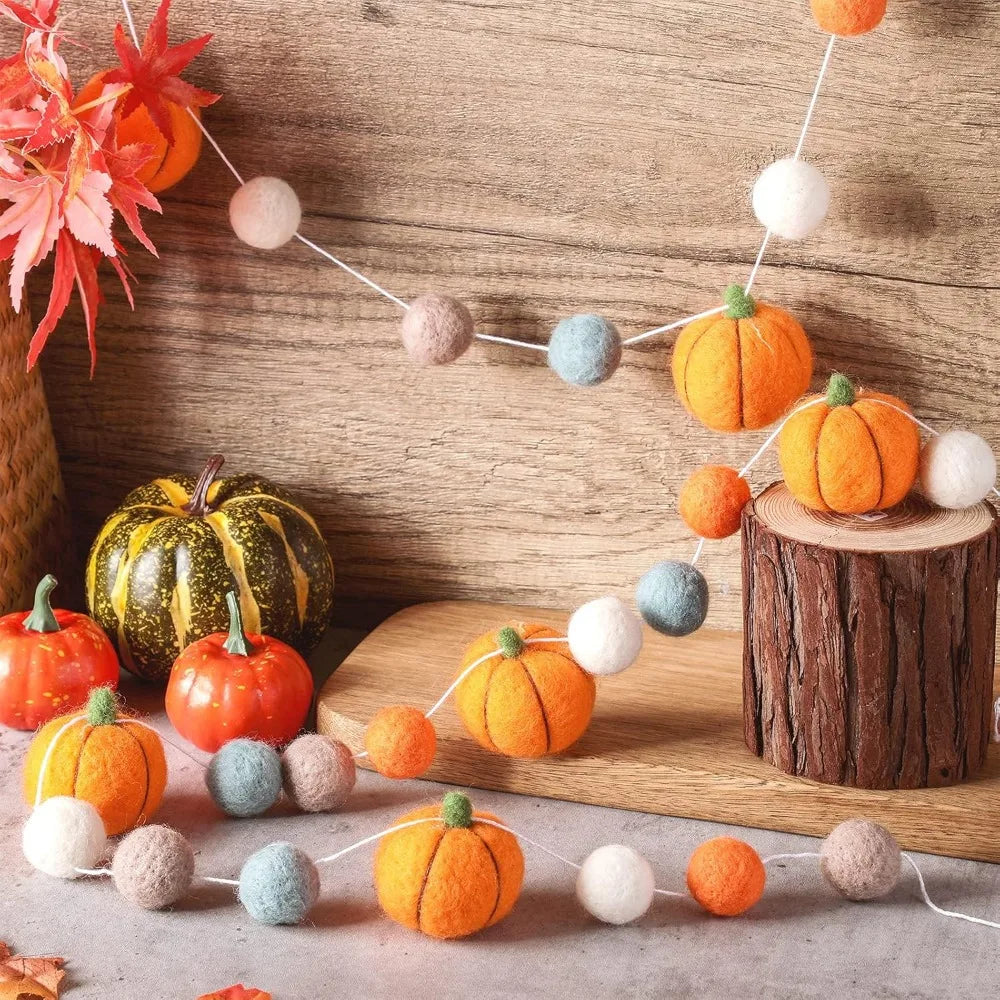 2 Pcs Fall Decor Fall Decoration for Home Hanging Felt Pumpkin Garland Autumn Thanksgiving Felt Pumpkin Ball Banner for Indoor