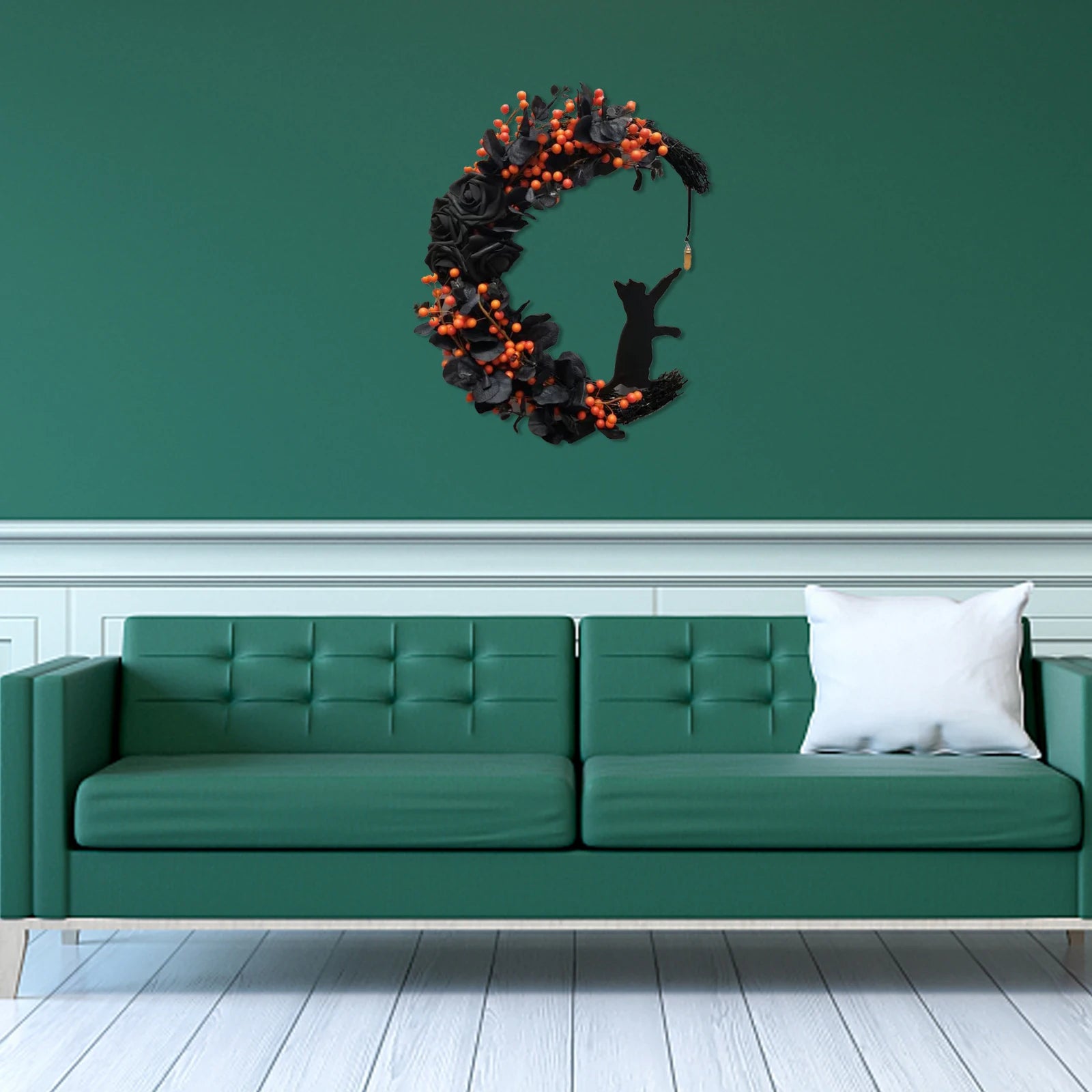 Halloween Gothic Rose Moon Cat Wreath Halloween Door Decoration Crystal Moon Wreath