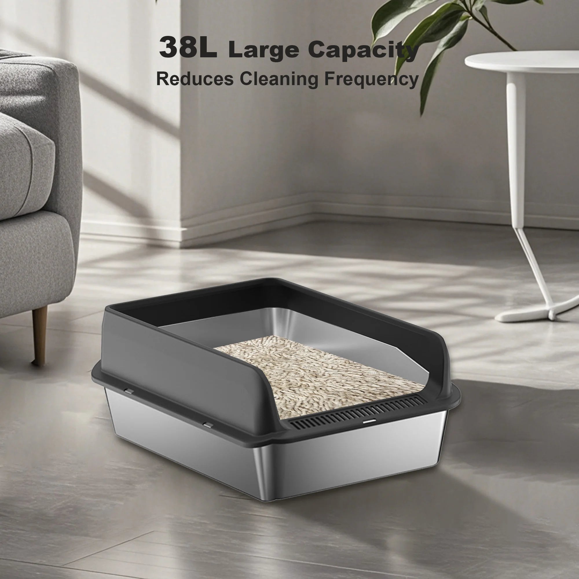 Stainless Steel Cat Litter Box With Lid, High Sided For Big Cats, Double Layer Litter Mat And Scoop Included, Anti-Leakage