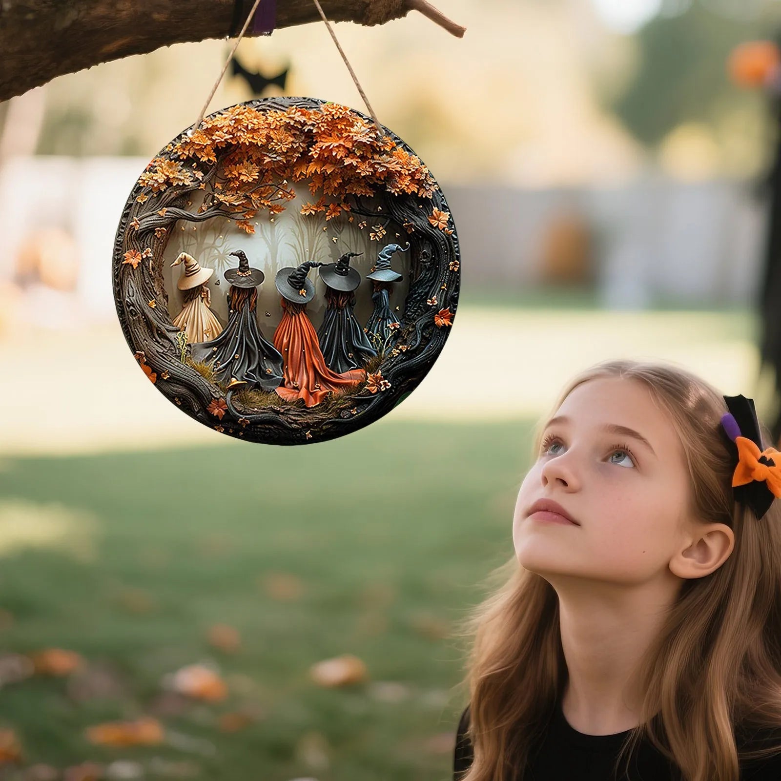 Wooden Witch Hanging Decoration Halloween Exquisite Round Door Hanging Holiday Porch Decoration Wall Pendant