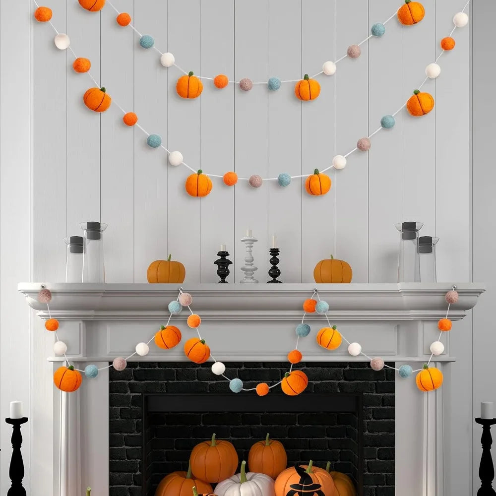 2 Pcs Fall Decor Fall Decoration for Home Hanging Felt Pumpkin Garland Autumn Thanksgiving Felt Pumpkin Ball Banner for Indoor