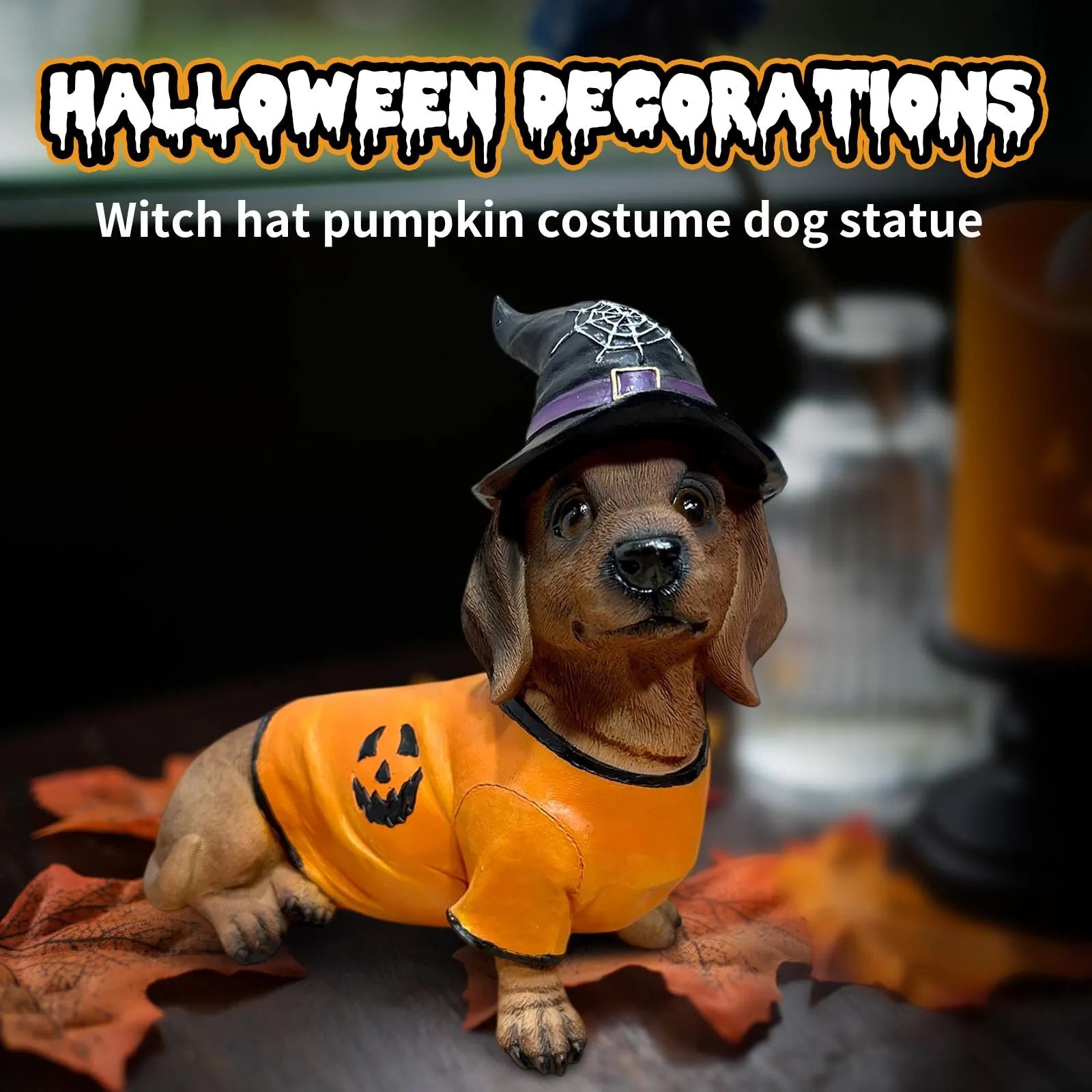 Halloween Dachshund Witch Hat Pumpkin Costume Dog Statue - Unique Resin Pet Decor for Spooky Gifts & Party Themes