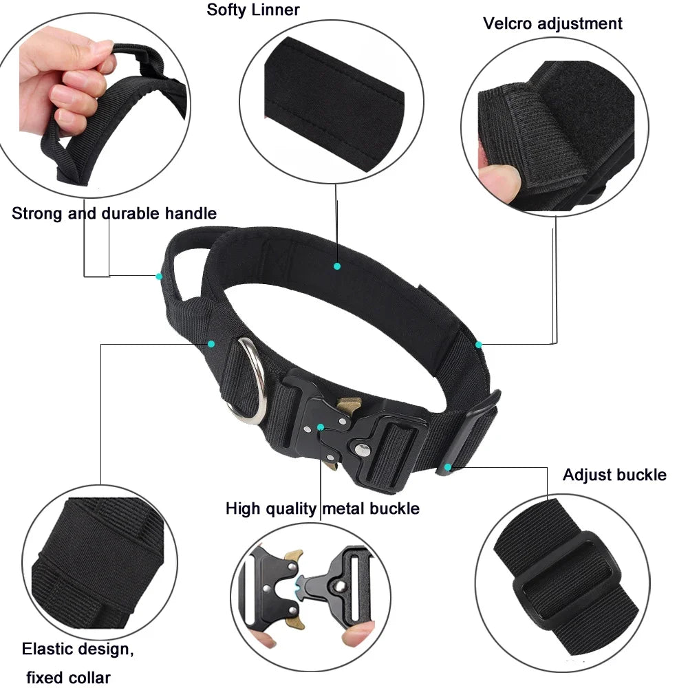 Tactical Dog Collars Adjustable Heavy Duty Dog Leash Collar Heavy Metal Buckle With Control Handle For Medium Large Dogs Leashes