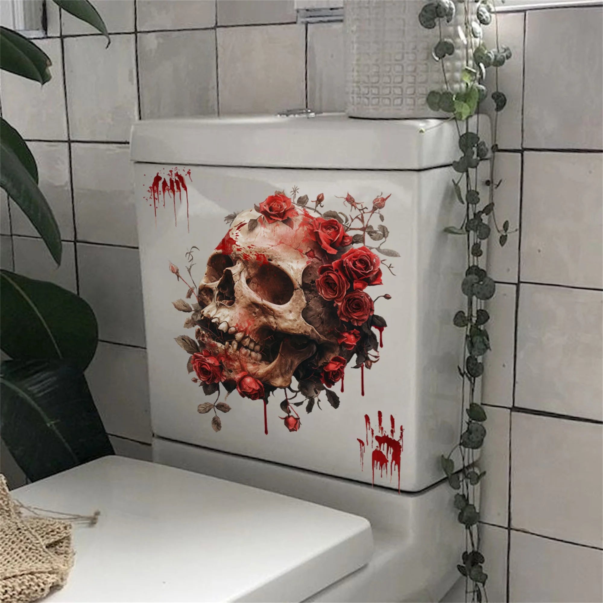 Gothic Skull and Roses Toilet Seat Decals Halloween Bathroom Stickers for Kitchen Decorations and Accessories
