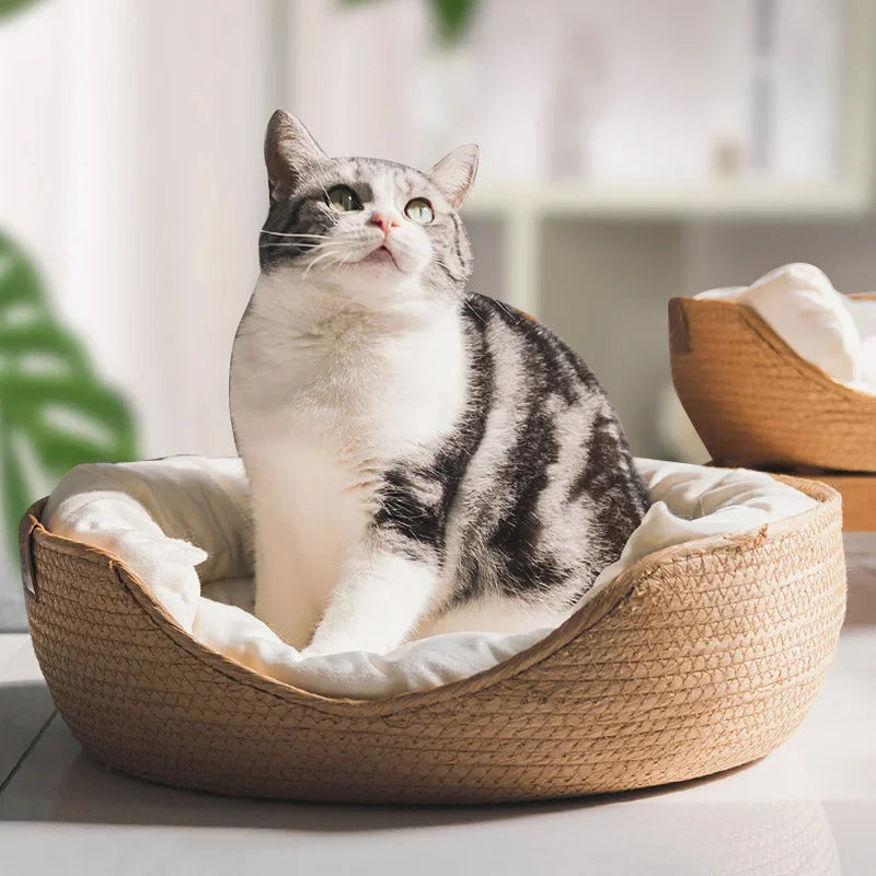 Pet BedKennel  Cat Mat Dog Beds Sofa Bamboo Weaving Four Season Cozy Nest Baskets Waterproof Removable Cushion Sleeping Bag