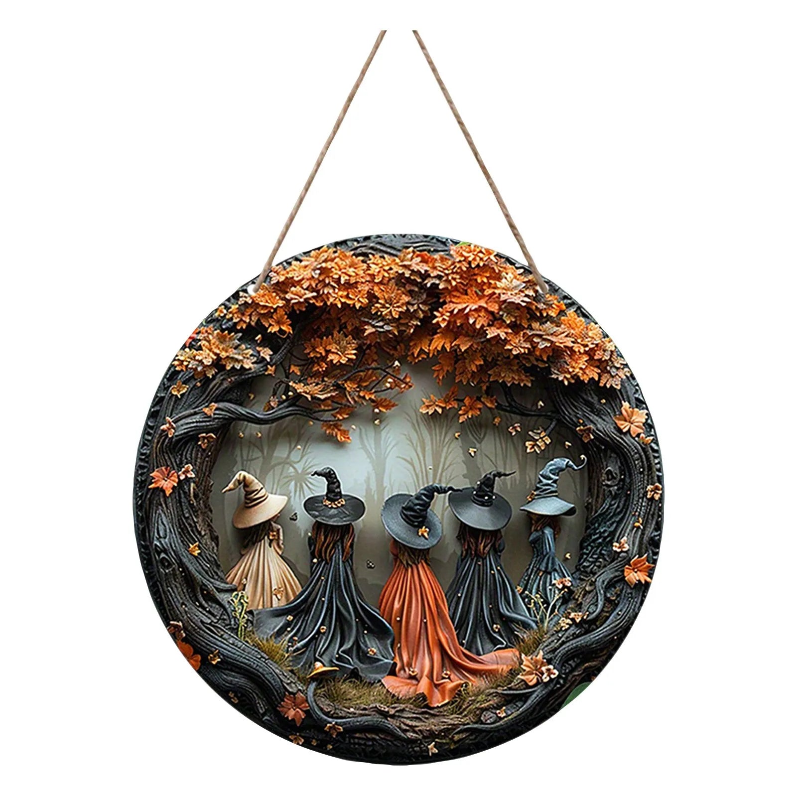 Wooden Witch Hanging Decoration Halloween Exquisite Round Door Hanging Holiday Porch Decoration Wall Pendant