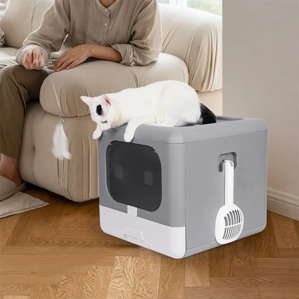 Cat Litter Box Tray Foldable Top Entry Large Cat Toilet Drawer Type with Lid Hooded Pet Kitten Litter Tray Leak-Proof with Scoop