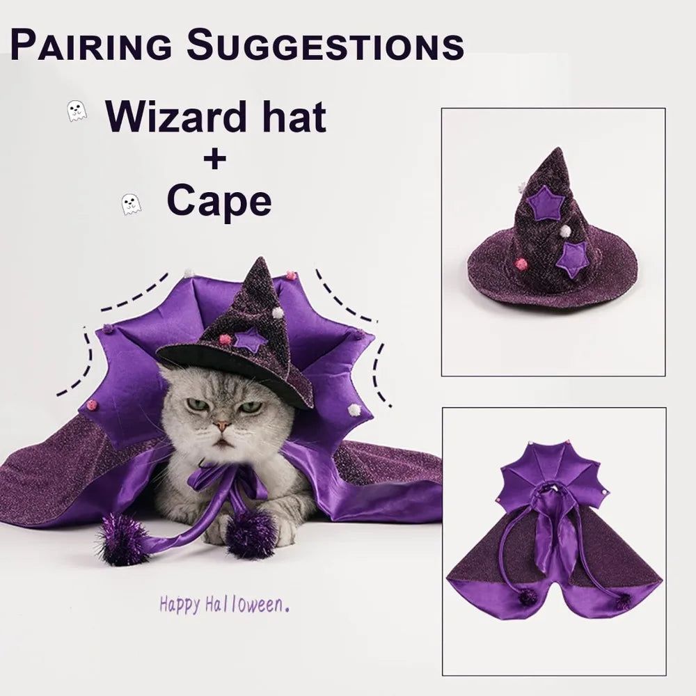 ABLAZEZAI Pet Halloween Costumes, Cat Vampire Cloak with Hat, Dog Cosplay Wizard Hat Cape Suit, Halloween Party Clothes Outfit f