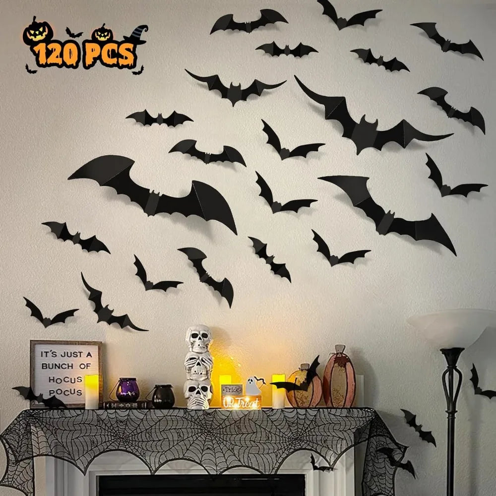 100pcs 3D PVC Bat Stickers: Scary Halloween Decor for Indoor/Outdoor DIY Walls, Windows, Doors