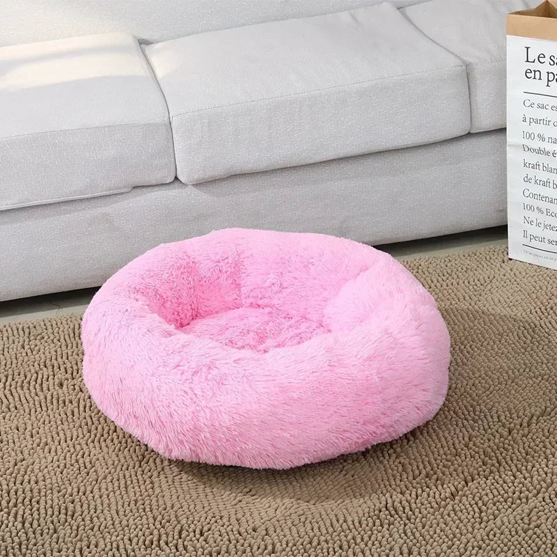 Round Plush Pet Bed - Self Warming Kennel, Machine Washable Mat with Non-Slip Bottom, Soft Cushion House Bed for Cats Dogs