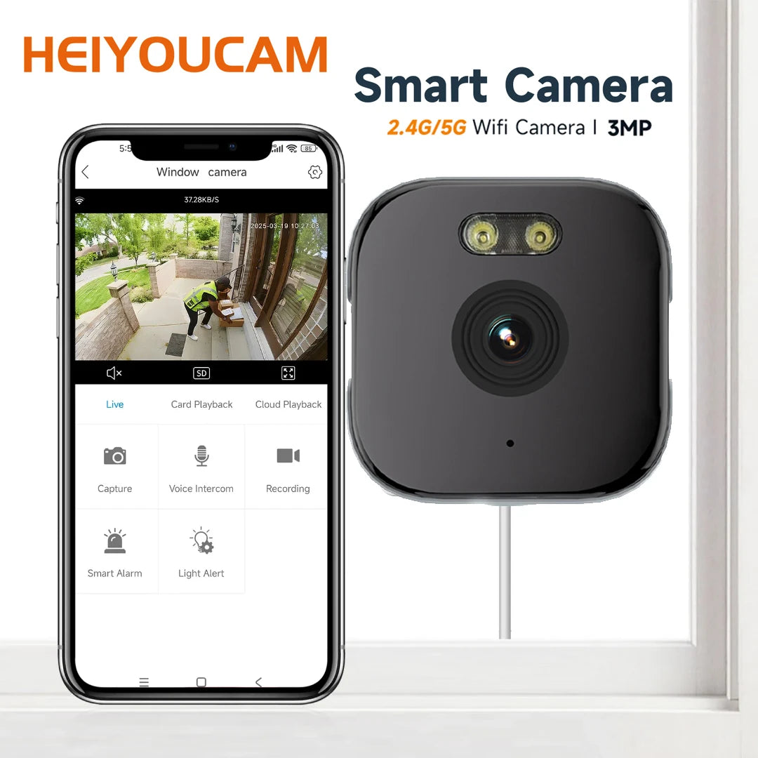 HEIYOUCAM Window Camera - Replaces Outdoor Cameras | 2.4/5GHz Wi-Fi | 3MP Resolution | Full-Color Night Vision Through Window |