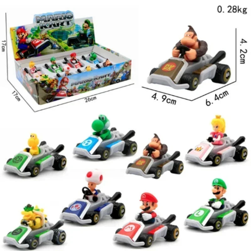8pcs Super Marios Bros Series Car Model Toy Sliding Racing Cars Cartoon Game Character Anime Action Figure Collecting Toys Gifts