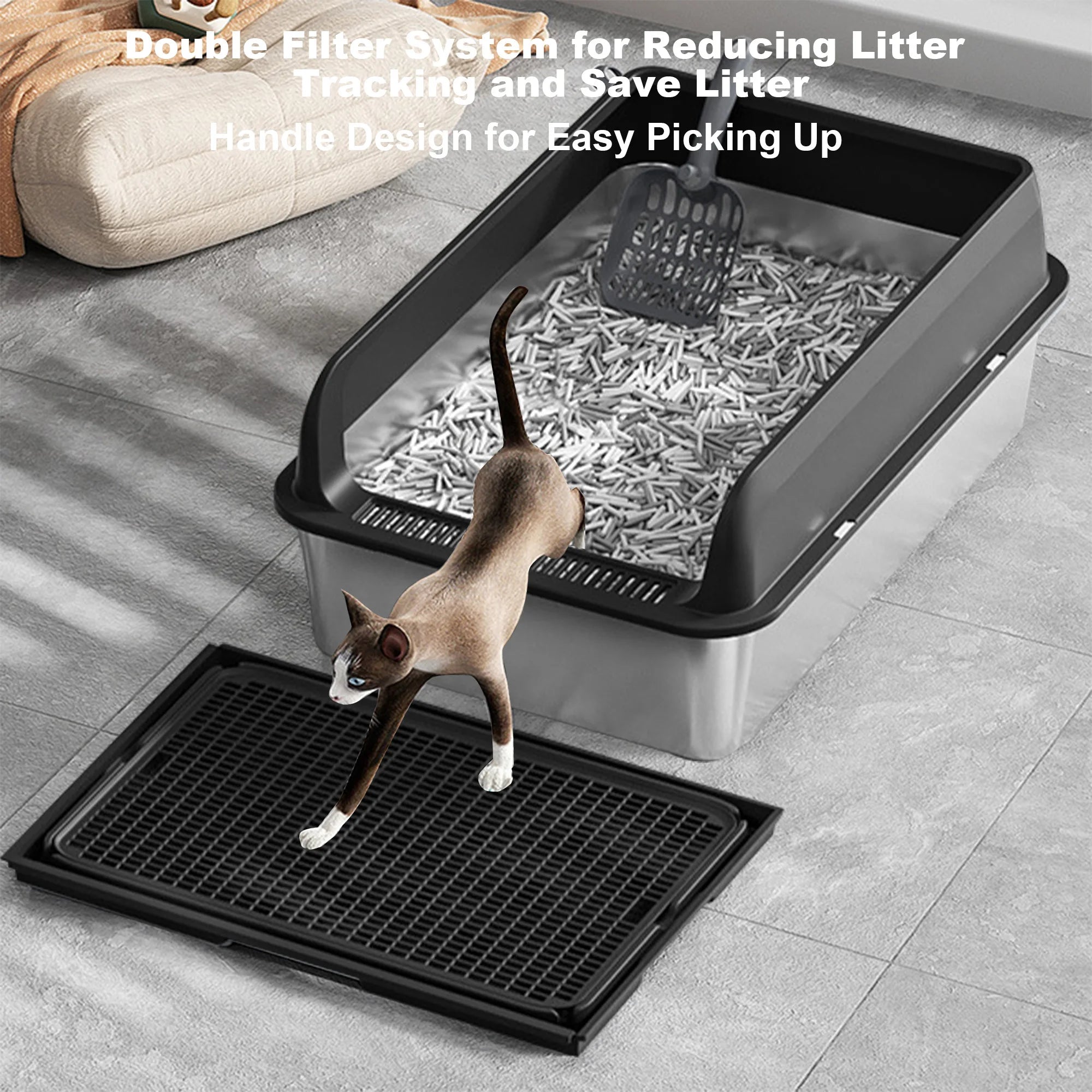 Stainless Steel Cat Litter Box With Lid, High Sided For Big Cats, Double Layer Litter Mat And Scoop Included, Anti-Leakage