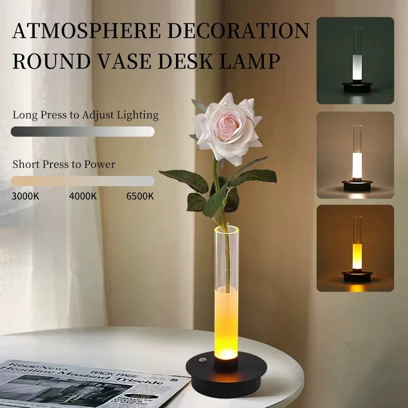 Minimalist Glass Vase Lamp, Vase with LED Light for Dinning Table, Bedroom