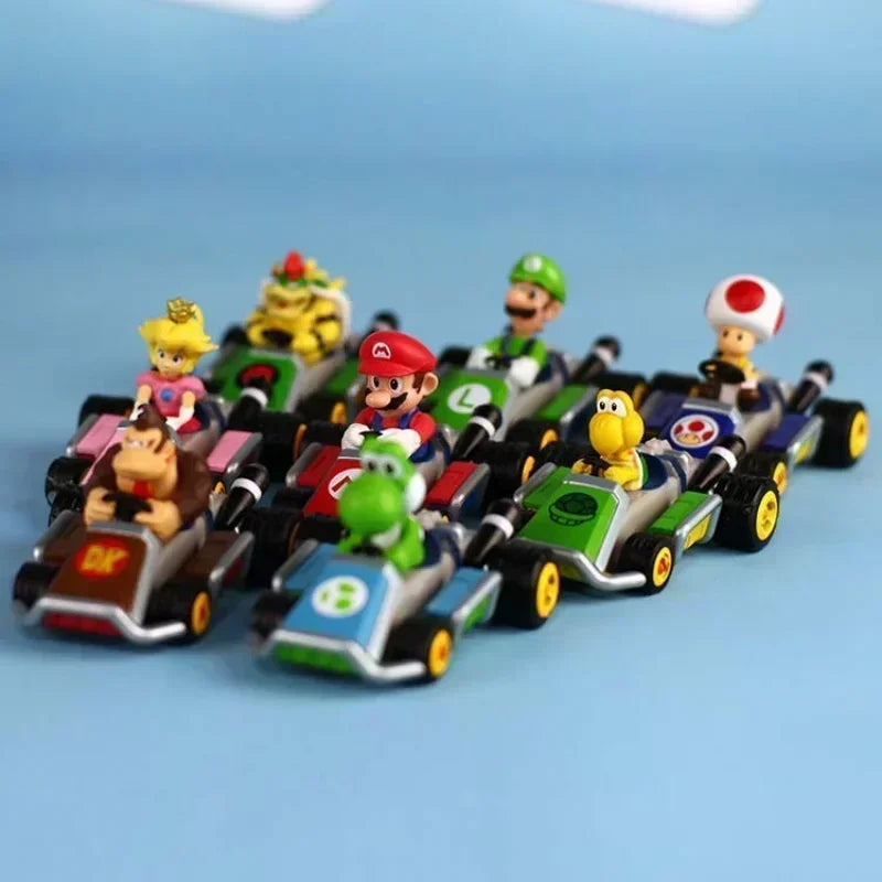 8pcs Super Marios Bros Series Car Model Toy Sliding Racing Cars Cartoon Game Character Anime Action Figure Collecting Toys Gifts