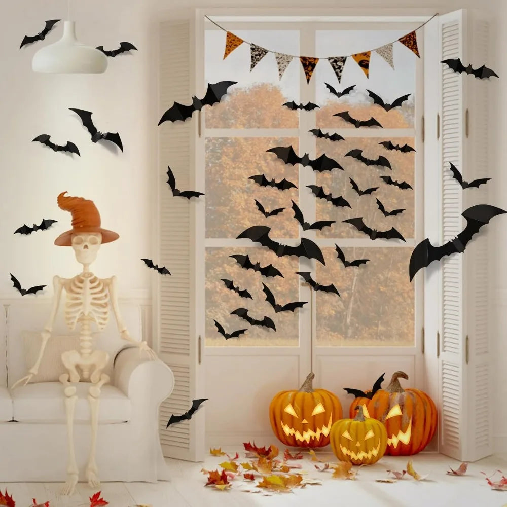 100pcs 3D PVC Bat Stickers: Scary Halloween Decor for Indoor/Outdoor DIY Walls, Windows, Doors