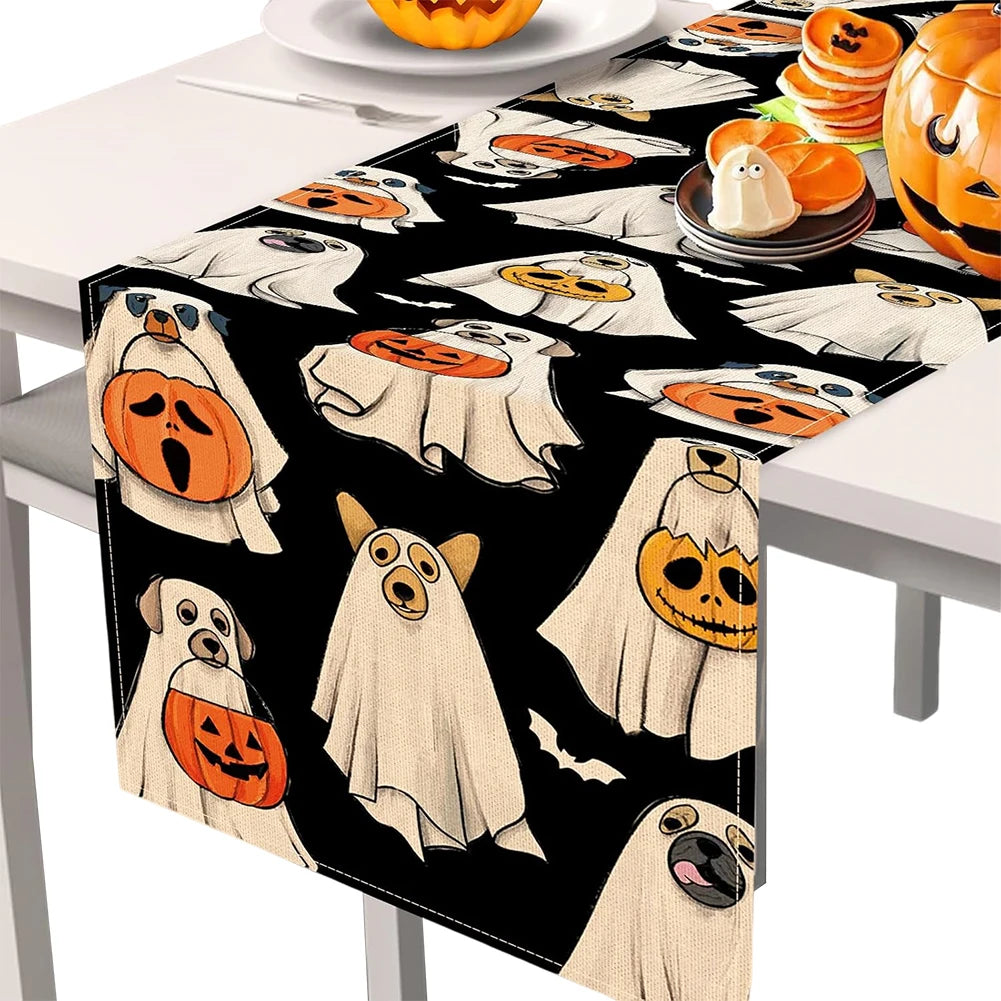 Halloween Spooky Ghost Dog Table Runner Jack O Lantern Pumpkin Bat Pumpkin Ghost Table Runner Indoor Outdoor Home Party Decor