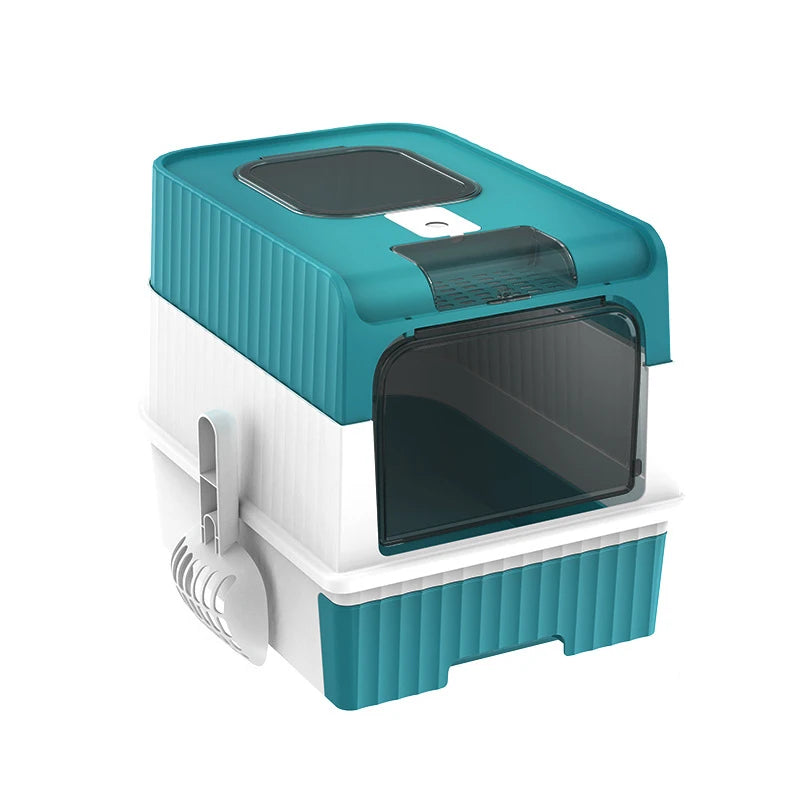 Portable Collapsible Cat Litter Pan with Splash Guard and Plastic Scoop - Pet Litter Box with Lid, Easy to Clean and Assemble