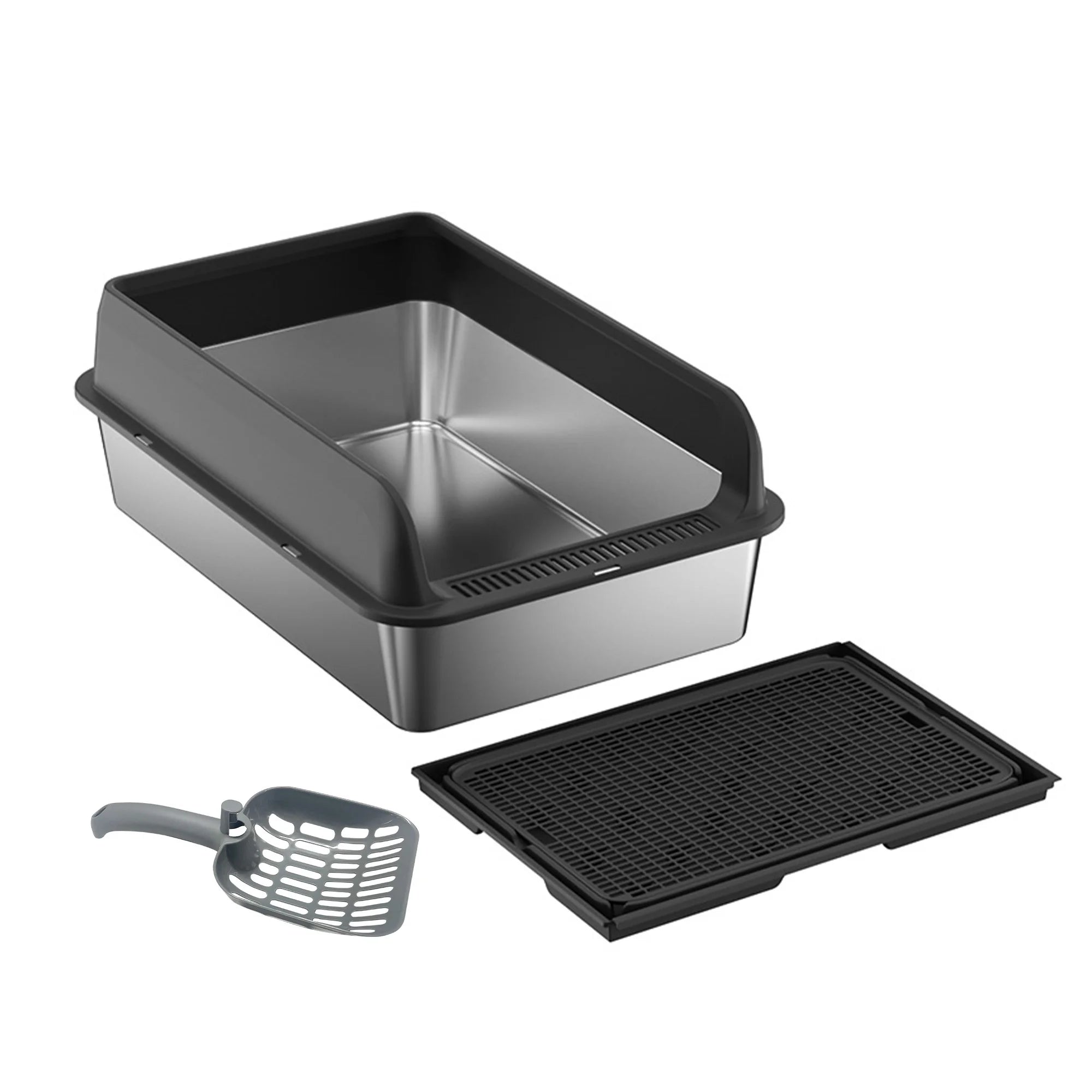 Stainless Steel Cat Litter Box With Lid, High Sided For Big Cats, Double Layer Litter Mat And Scoop Included, Anti-Leakage