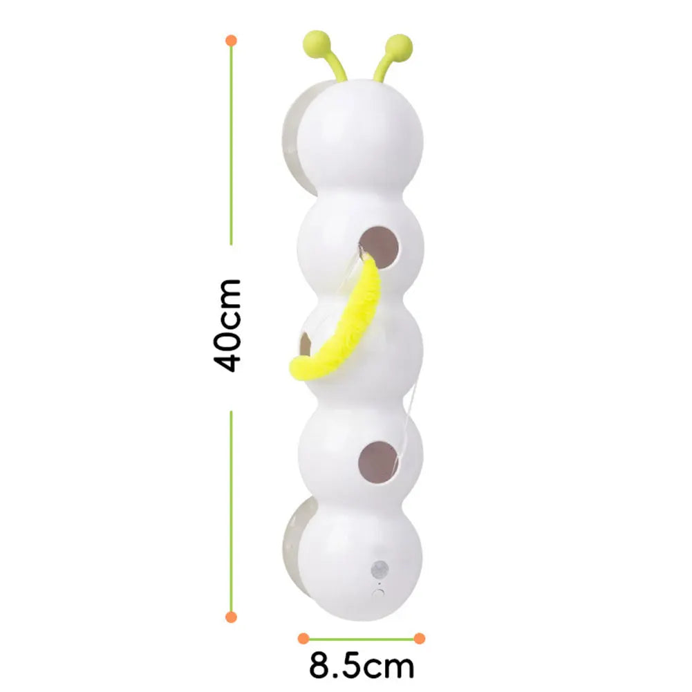 White toy with yellow antennae and body section, showing dimensions on a white background