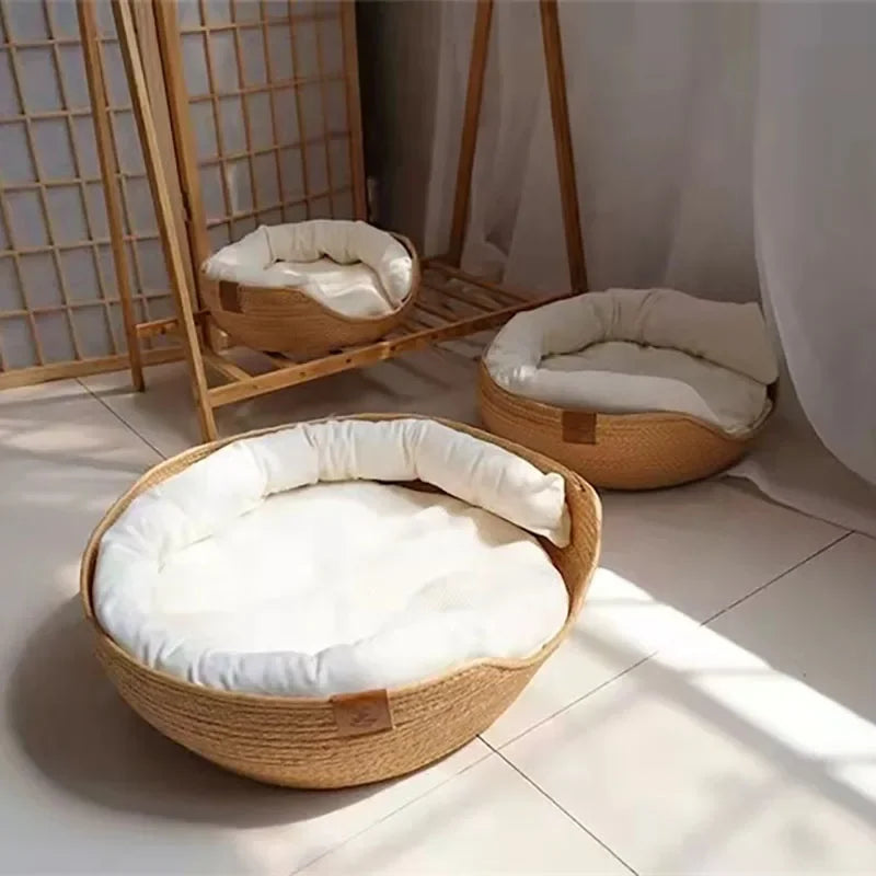 Pet BedKennel  Cat Mat Dog Beds Sofa Bamboo Weaving Four Season Cozy Nest Baskets Waterproof Removable Cushion Sleeping Bag