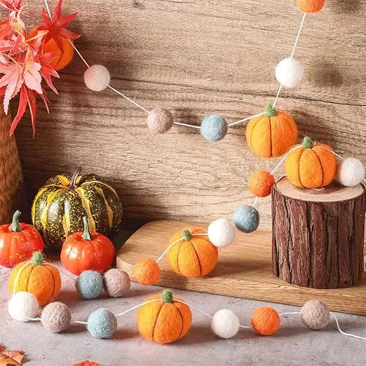 2 Pcs Fall Decor Fall Decoration for Home Hanging Felt Pumpkin Garland Autumn Thanksgiving Felt Pumpkin Ball Banner for Indoor
