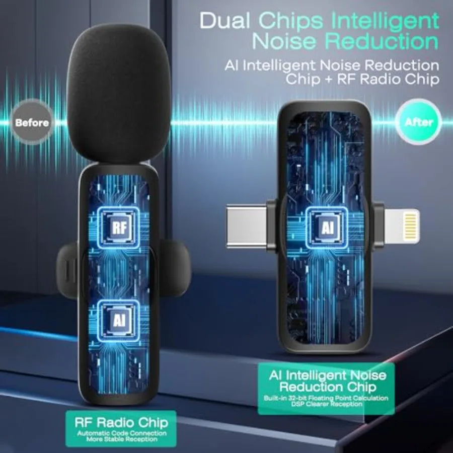 2 Pack Wireless Lavalier Microphone for iPhone iPad Android Phone Mini Lapel Microphone for Video Rrding Clip on Dual Mics with