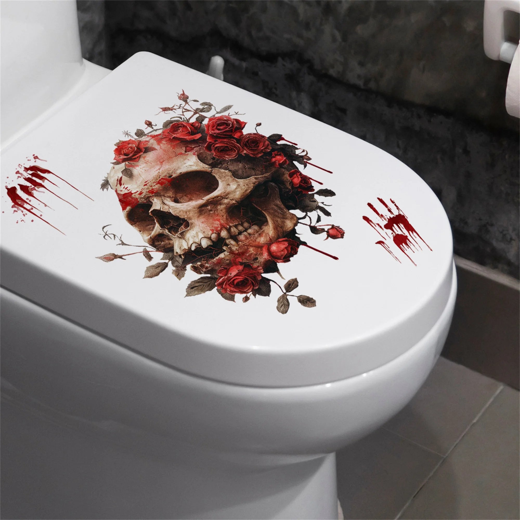 Gothic Skull and Roses Toilet Seat Decals Halloween Bathroom Stickers for Kitchen Decorations and Accessories