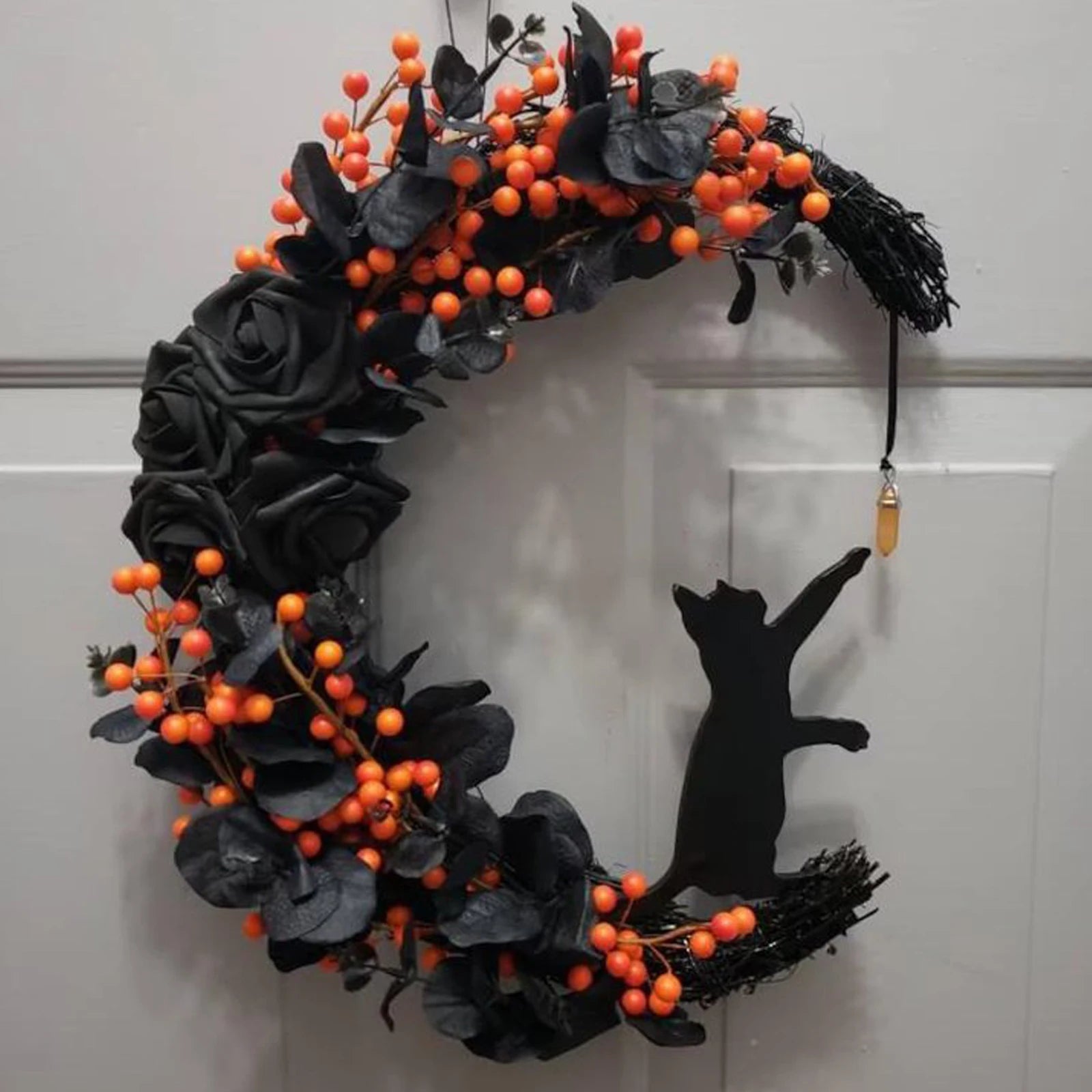 Halloween Gothic Rose Moon Cat Wreath Halloween Door Decoration Crystal Moon Wreath