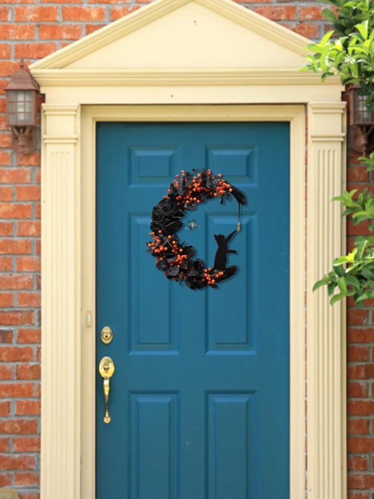 Halloween Gothic Rose Moon Cat Wreath Halloween Door Decoration Crystal Moon Wreath