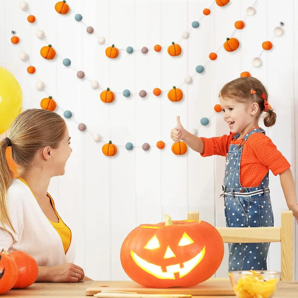 2 Pcs Fall Decor Fall Decoration for Home Hanging Felt Pumpkin Garland Autumn Thanksgiving Felt Pumpkin Ball Banner for Indoor