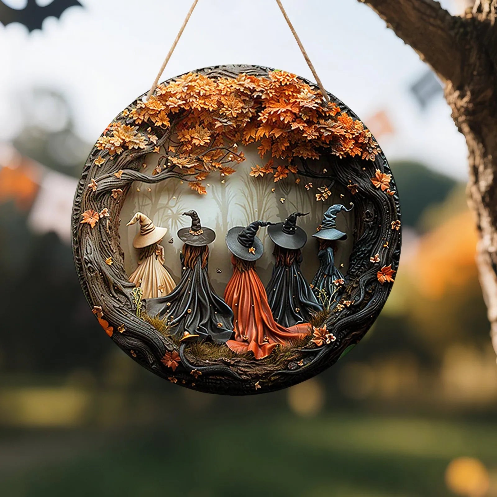 Wooden Witch Hanging Decoration Halloween Exquisite Round Door Hanging Holiday Porch Decoration Wall Pendant