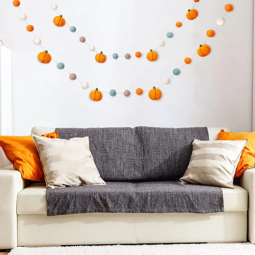 2 Pcs Fall Decor Fall Decoration for Home Hanging Felt Pumpkin Garland Autumn Thanksgiving Felt Pumpkin Ball Banner for Indoor