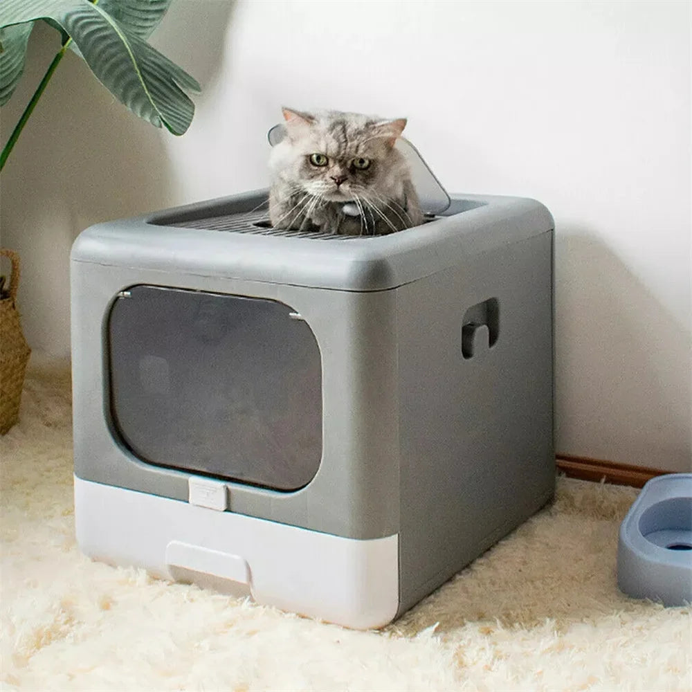 Cat Litter Box Tray Foldable Top Entry Large Cat Toilet Drawer Type with Lid Hooded Pet Kitten Litter Tray Leak-Proof with Scoop