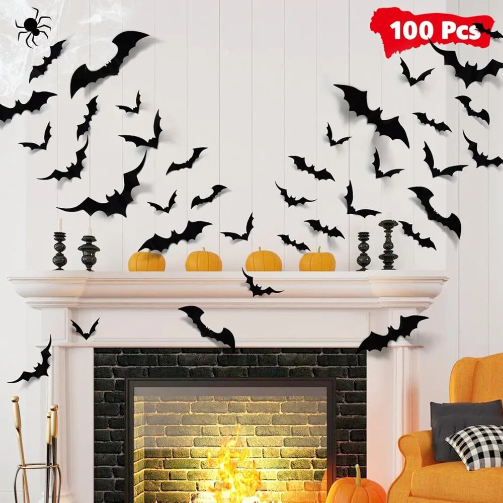 100pcs 3D PVC Bat Stickers: Scary Halloween Decor for Indoor/Outdoor DIY Walls, Windows, Doors