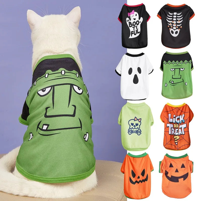 Halloween Pet Clothing Thin Cat Dog Holiday Costume Pumpkin Skull Teddy Funny T-Shirt