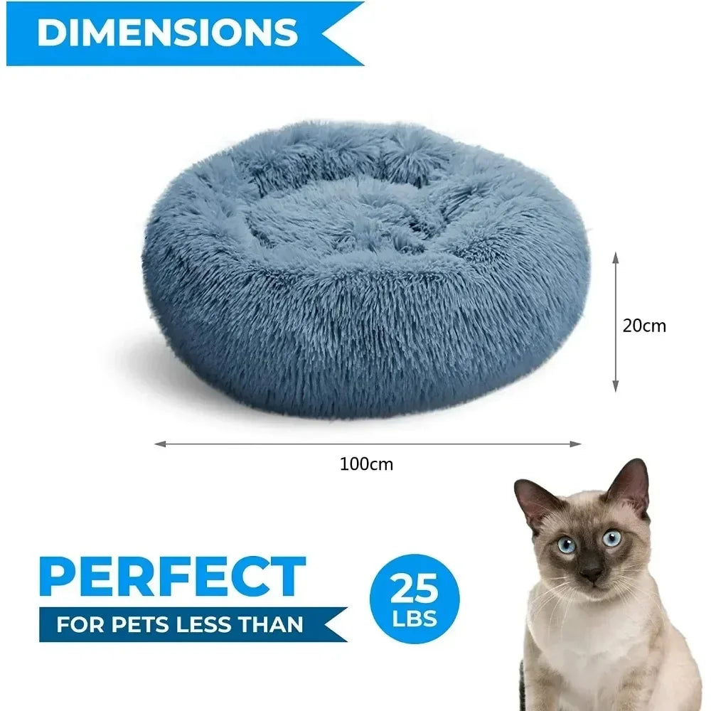 Round Plush Pet Bed - Self Warming Kennel, Machine Washable Mat with Non-Slip Bottom, Soft Cushion House Bed for Cats Dogs